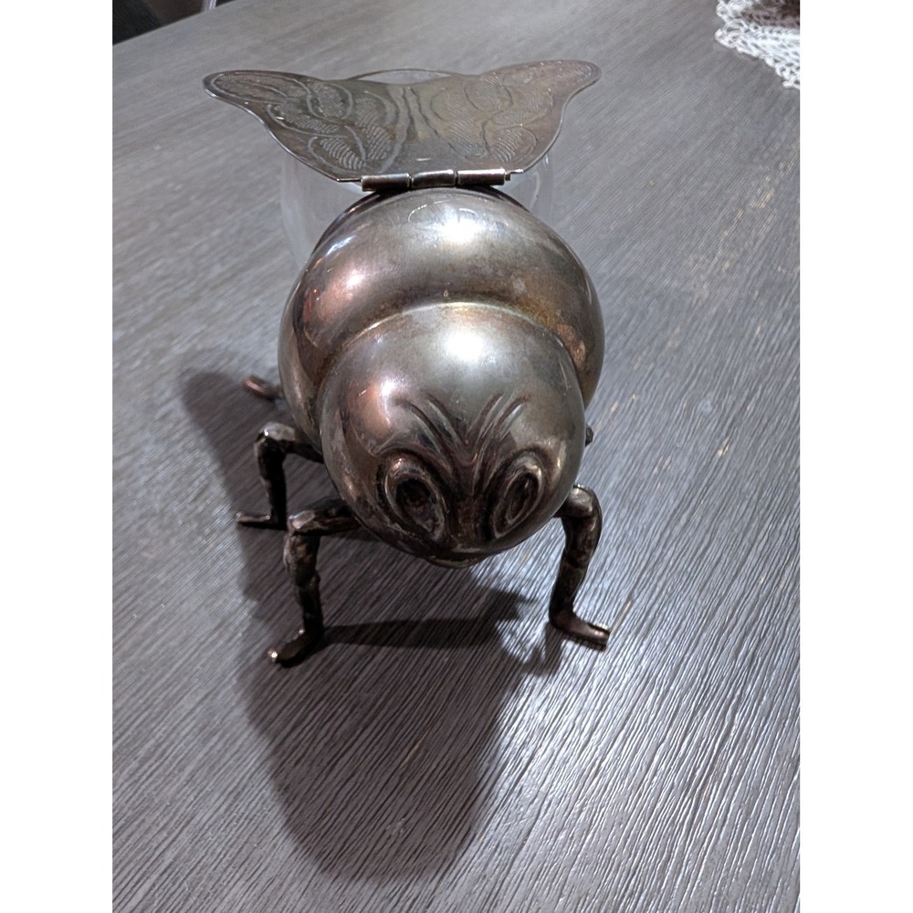 Vintage Godinger Bee Honey Pot Glass & Silver Tone Metal Hinged Wings Broken Leg